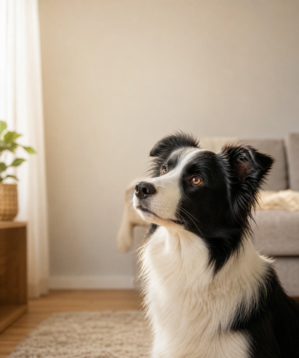 Hund steht aufmerksam im hohen Gras