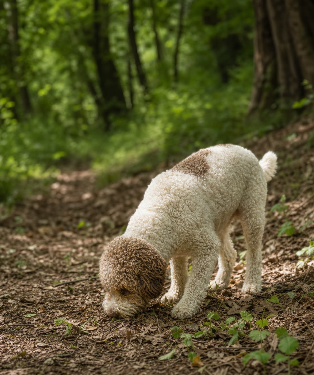 Hund erkundet aufmerksam den Waldboden