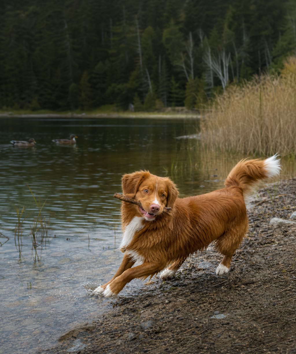 Hund spielt lebhaft am Wasser