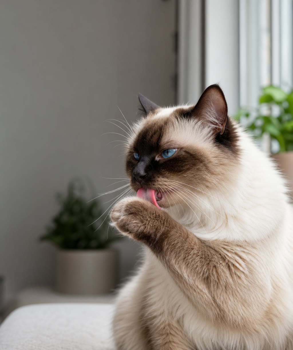 Katze widmet sich entspannt der Fellpflege
